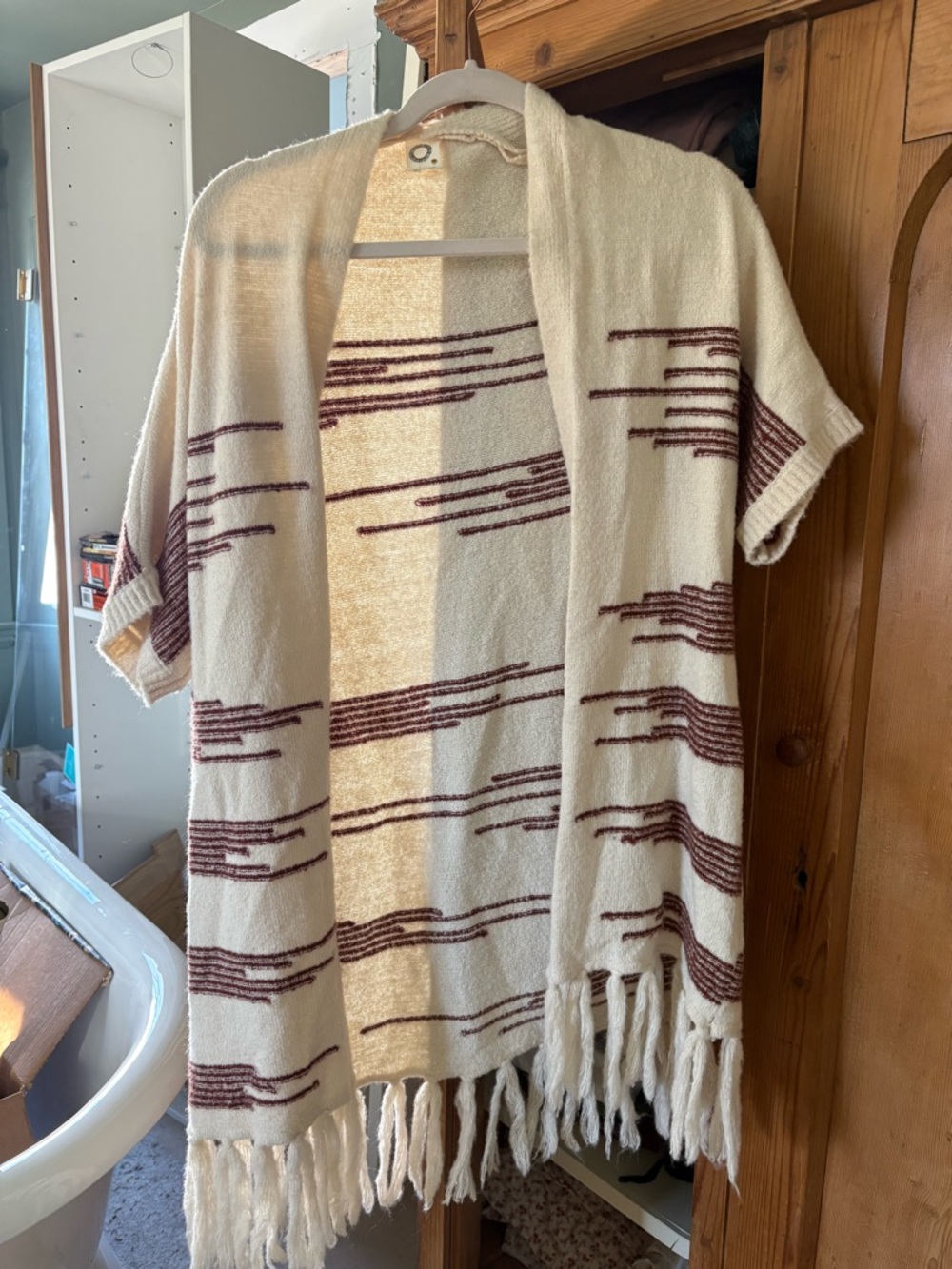 Cream Open-Front Fringed Cardigan with Burgundy Stripe Detail